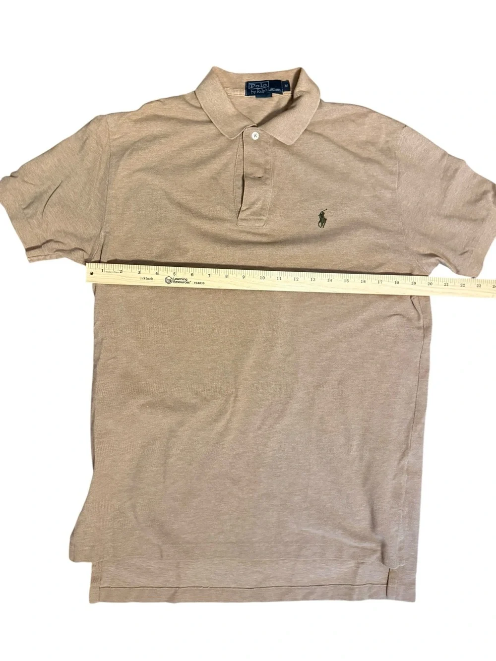 Polo Ralph Lauren Vintage Tan Beige Pique Knit Polo Shirt Green Pony Size M
